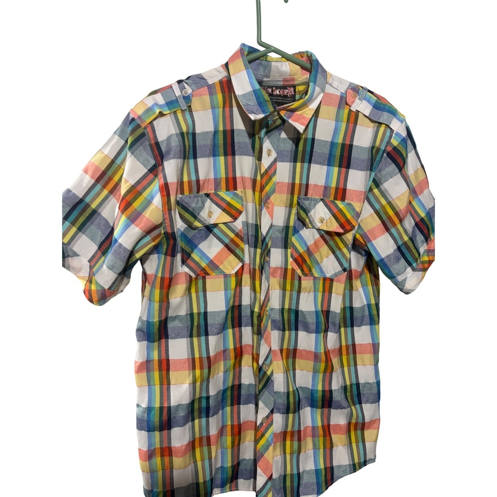 Black Lacquer Mens XL Short Sleeve Plaid Button Down Shirt Multicolor Epaulettes